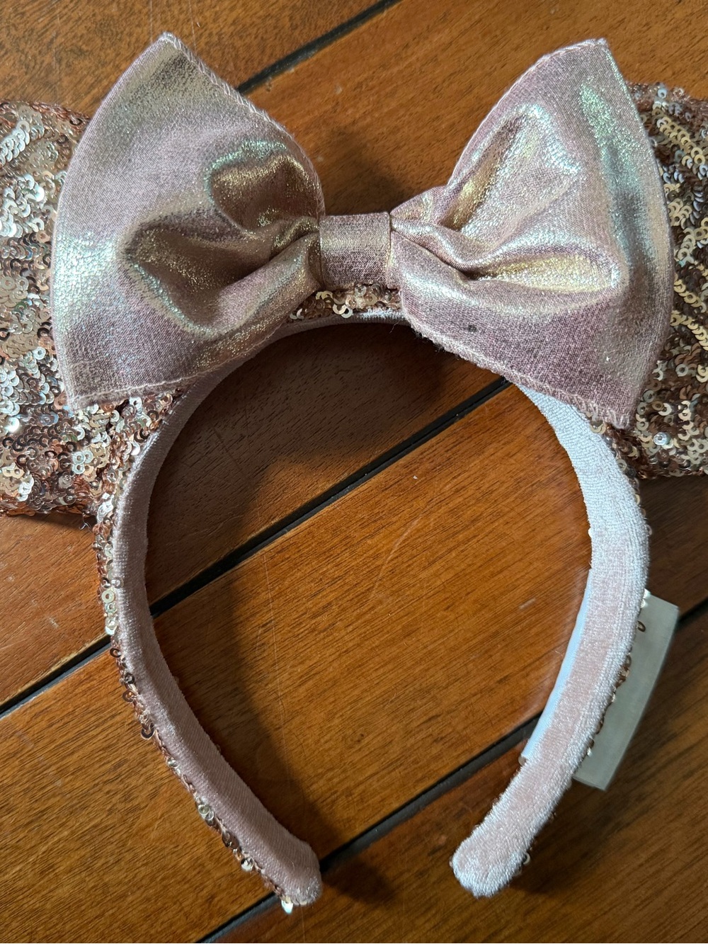 Disney Parks Minnie Mouse Rose Gold Sequin Ears Headband Pink Bow Authentic